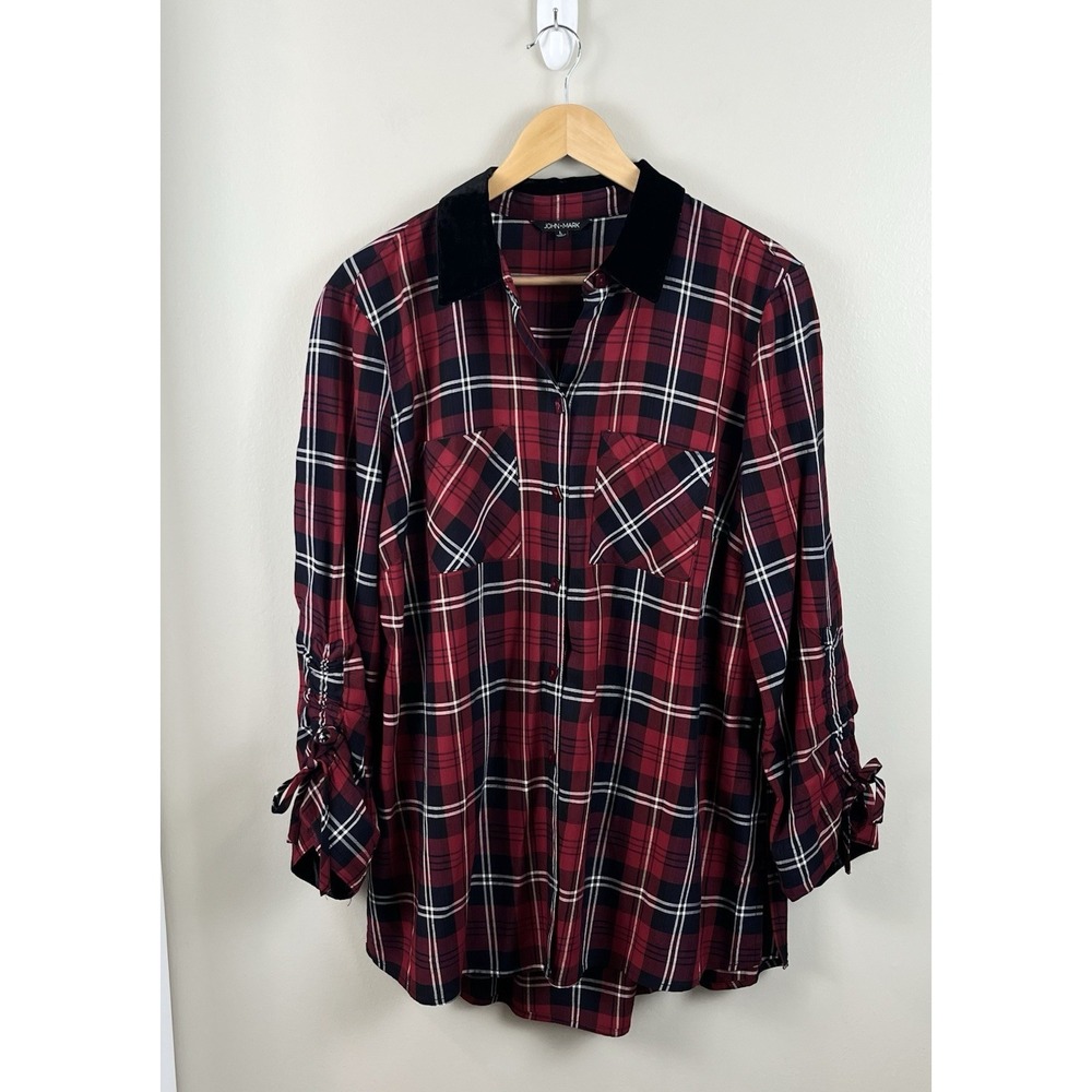 John Mark‎ Tunic Top Women's Sz Lg Red Plaid Velvet Collar Cinched Sleeves